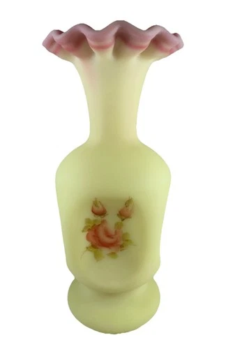 Vintage Fenton Burmese Rose Rosebuds Pinch Vase Satin Uranium Custard Glass Sign
