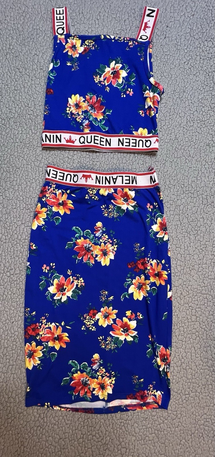 Ladies 2 Piece Skirt Set Floral Print Womens Size Small Blue And Red