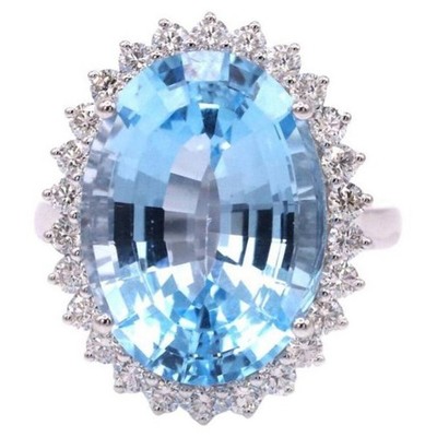 Ring Natural Sky Blue Topaz & Diamanten 14k Weißgold Damen I687, Größe 7