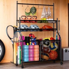 Large Sports Organizer for Garage Ball Storage Rack with Hooks