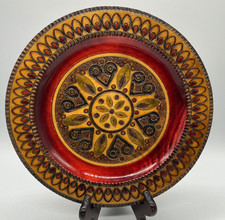 VTG Polish pyrography folk art 9.5  dia wooden plate European red gold accents