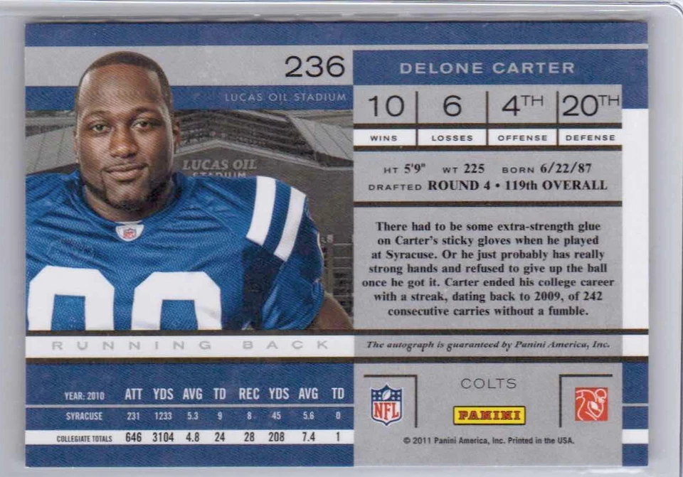 2011 Panini Playoff Contenders Delone Carter Rookie Ticket Auto #236 IND Colts - Image 2 of 2