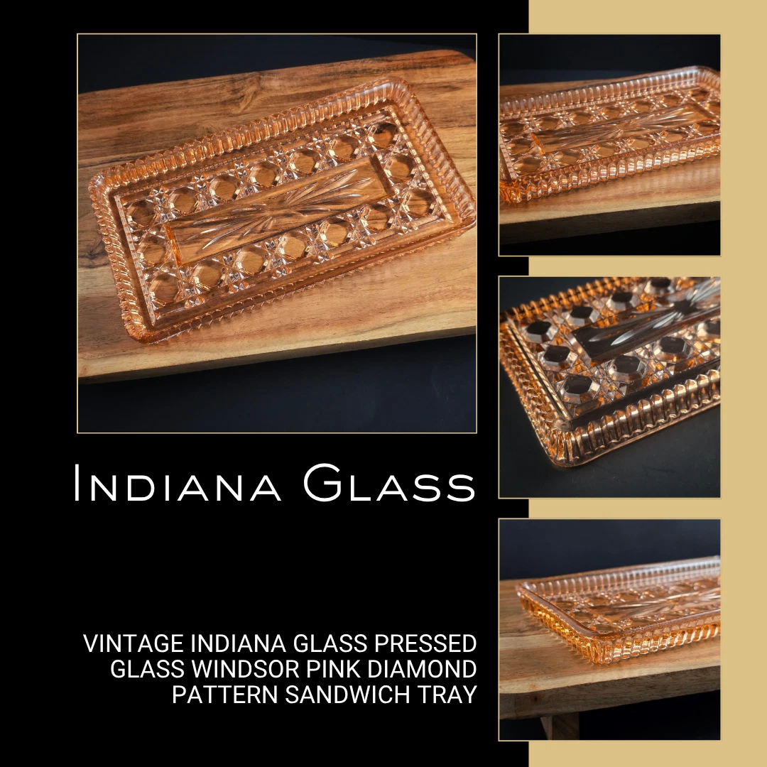 Vintage Indiana Glass Pressed Glass Windsor Pink Diamond Pattern Sandwich Tray