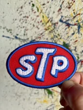 STP Iron On Patch S.T.P. Racing Car Auto Oil Red White Blue Embroidered