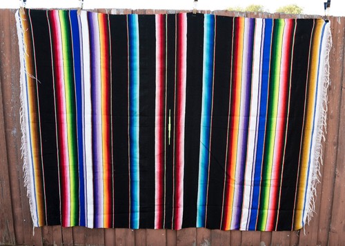 Vintage Rainbow Stripe Serape Mexican Blanket w Fringe Southwestern Decor 84x63 - Picture 7 of 18