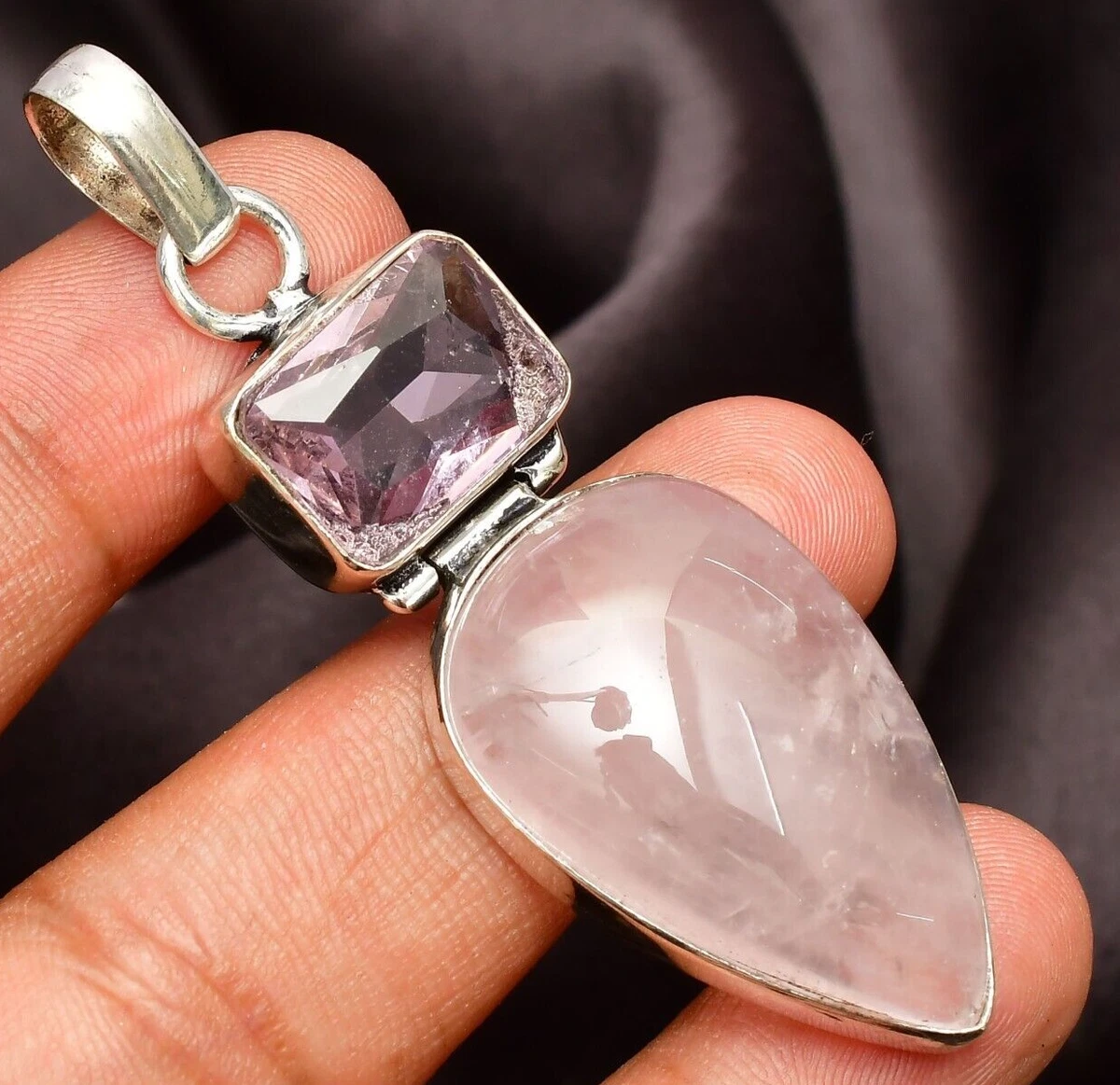 Collana fatta a mano in quarzo rosa - Ciondolo in argento sterling, gioielli con pietre preziose - Italia Collana fatta a mano in quarzo rosa - Ciondolo in argento sterling, gioielli con pietre preziose - Italia