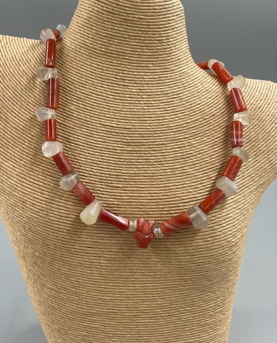 Late Classic Pre-Columbian Mayan Red Agate Crystal Bead Necklace Avian Pendant