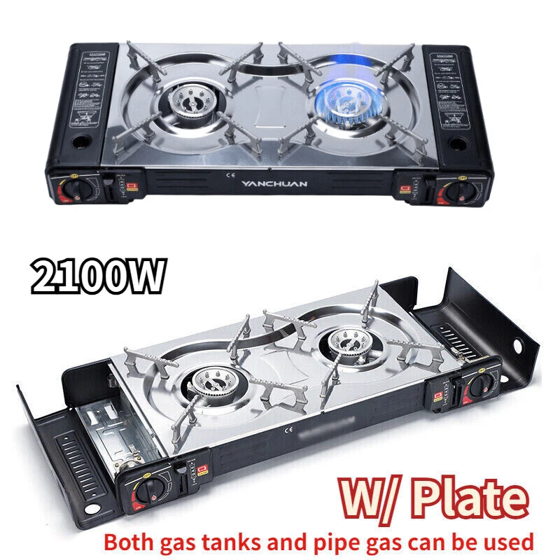 Cooker & Plate Portable Outdoor 2 Burner Camping Gas Grill BBQ 2.1kw Twin Stove-
