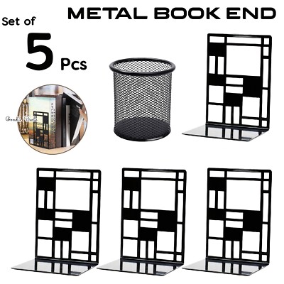 5er Set Metall Buchstützen mit Netz Stifthalter Abstraktes Design Robust Buchstütze