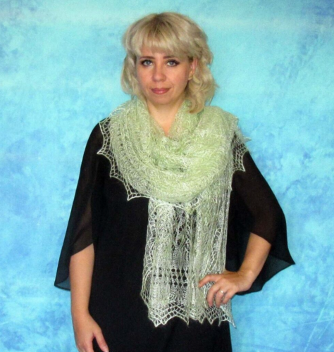 Hand knit pale green wool scarf,Warm Russian Orenburg shawl,Goat down wrap,Cape - Afbeelding 1 van 8