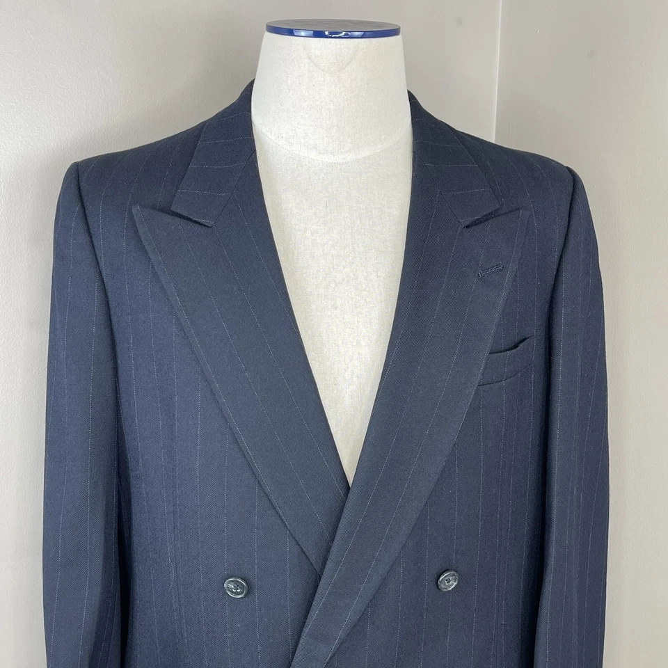 Perry Ellis Men Suit Jacket Sz 46 L Black Stripes Virgin Wool Double Breasted - Изображение 4 из 4