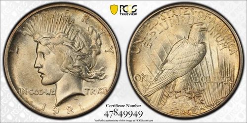1921 High Relief Peace Dollar, PCGS MS63