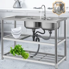 Kitchen Utility Sink 2 Compartment+Prep Table Commercial Sink Stainless Steel
