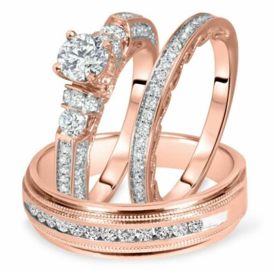 Round Moissanite Trio Wedding Ring Set Rose Gold Plated His Her Bridal  Band