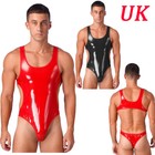 UK Men Bodysuit One-Piece High Cut Thong Leotard Deep U-Neck Shiny PVC Jumpsuit