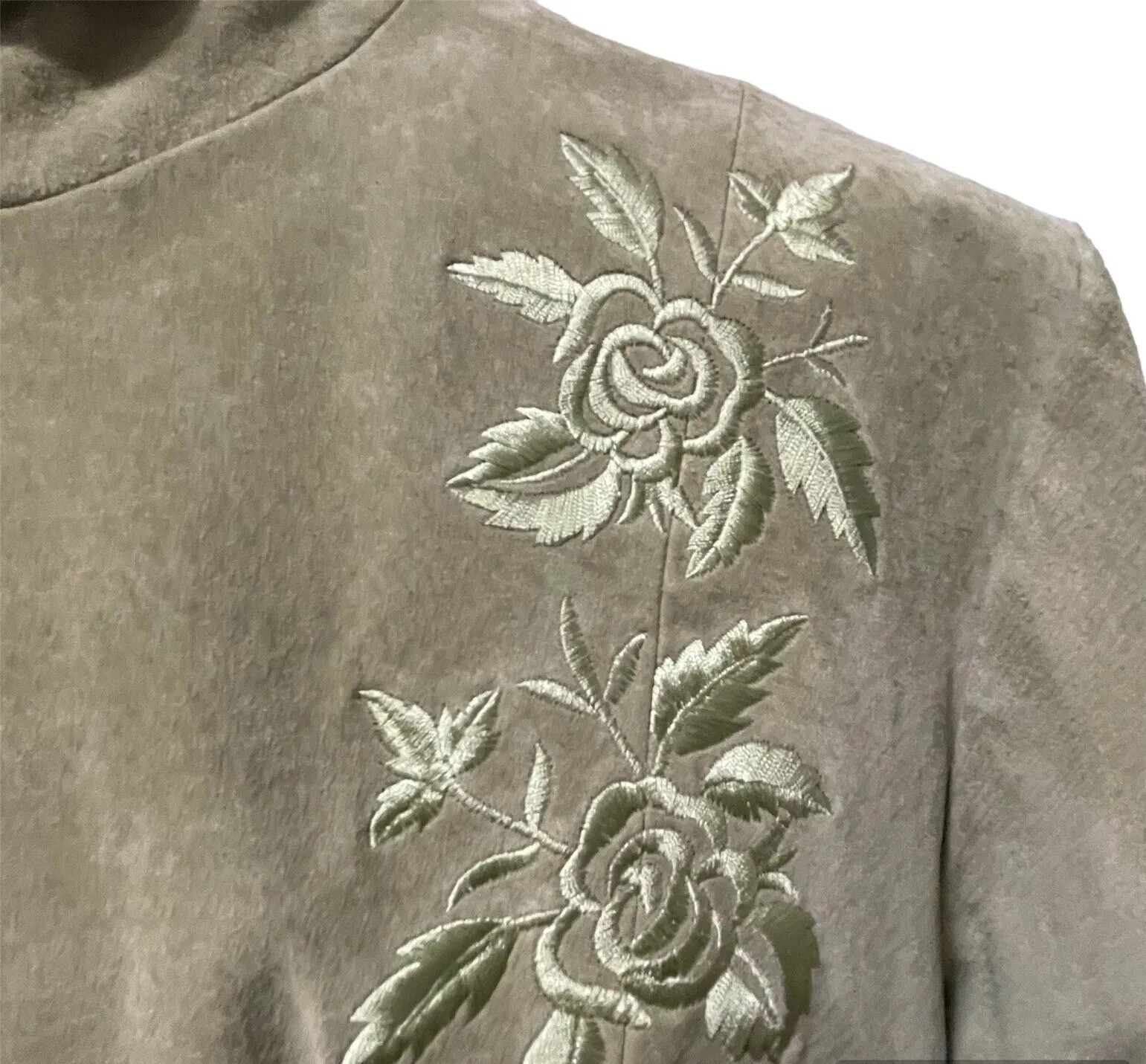 Vintage Metro Style Leather Jacket Women’s Size XL Green Embroidered Roses