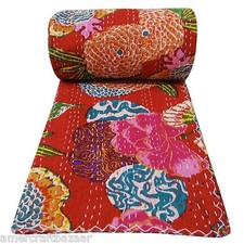 Indian Handmade Quilt Vintage Kantha Bedspread Throw Cotton Blanket Gudari twin.