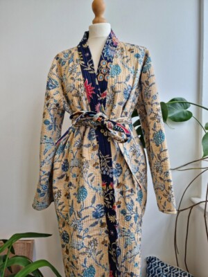 Indian Beige Floral Quilted Cotton Robe Long Kimono Sleepwear Night Suit Kimonos