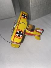 Vintage ZZ Germany Tin Litho Yellow Airplane Ornament #31 Bi-Plane Christmas