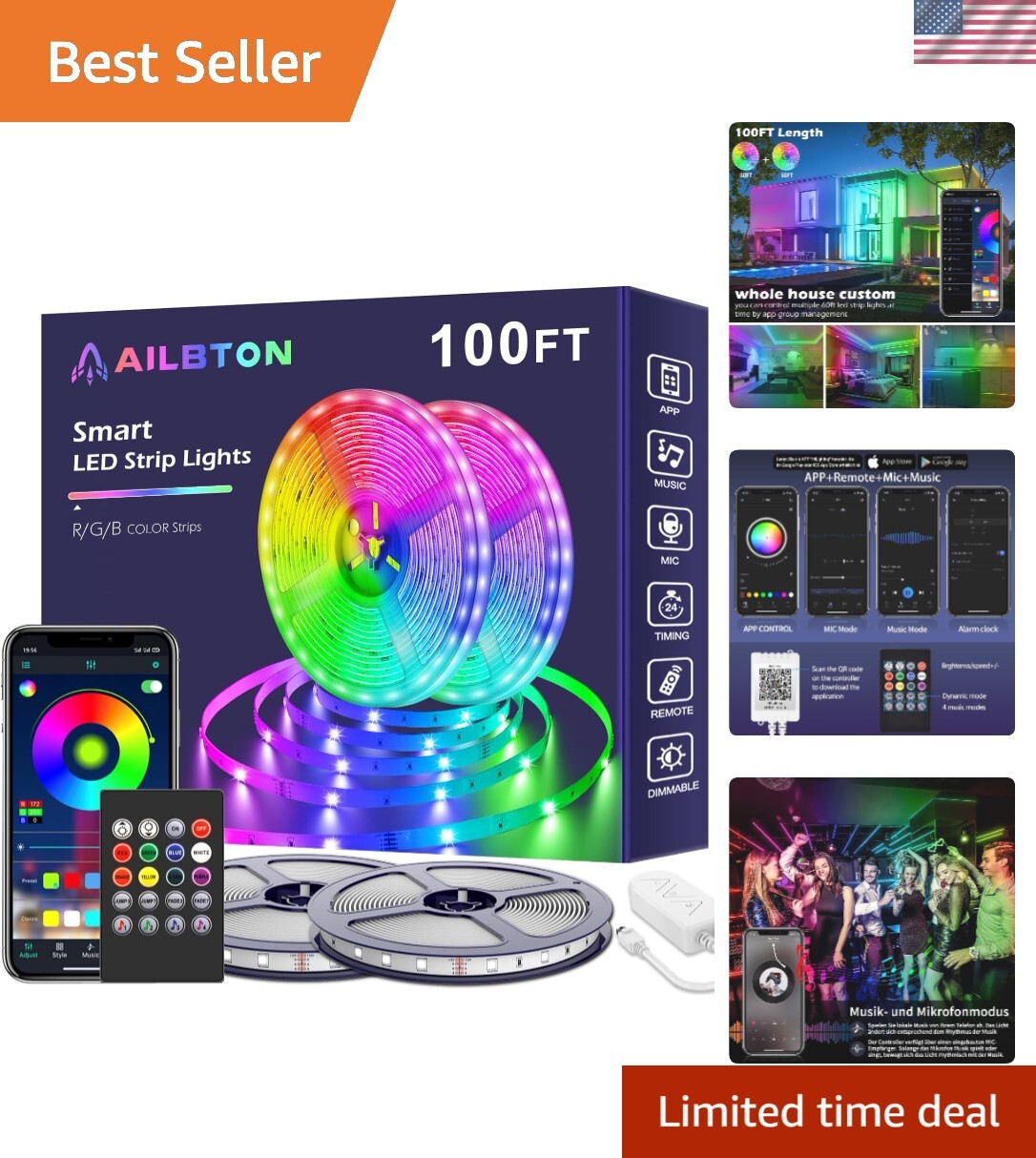 Led Lights for Bedroom,100ft Led Light Strip Music Sync RGB Led Strip Lights ...