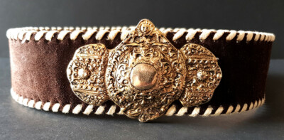 CEINTURE FEMME CUIR MARRON MOTIF MÉTAL DORÉ DEVANT BOUCLE OUVRAGÉE