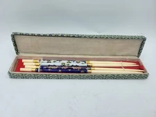 RARE VINTAGE CHINESE CLOISONNE ENAMEL CHOPSTICKS WHITE AND BLUE IN BOX