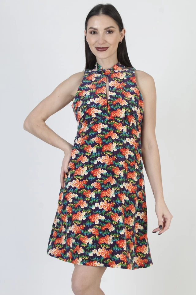 Vintage 60s Corduroy Psychedelic Dress Bright Trippy Mod Cut Out Mini Sundress - Image 3 of 4