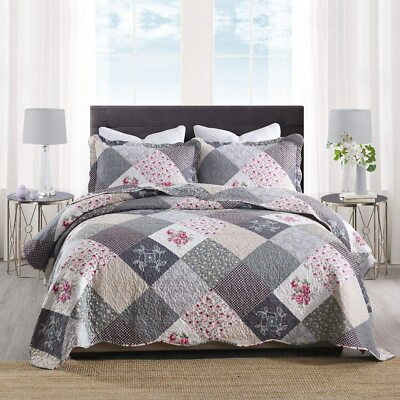 Gray Pink Floral Patchwork pc Quilt Coverlet Set Full Queen King