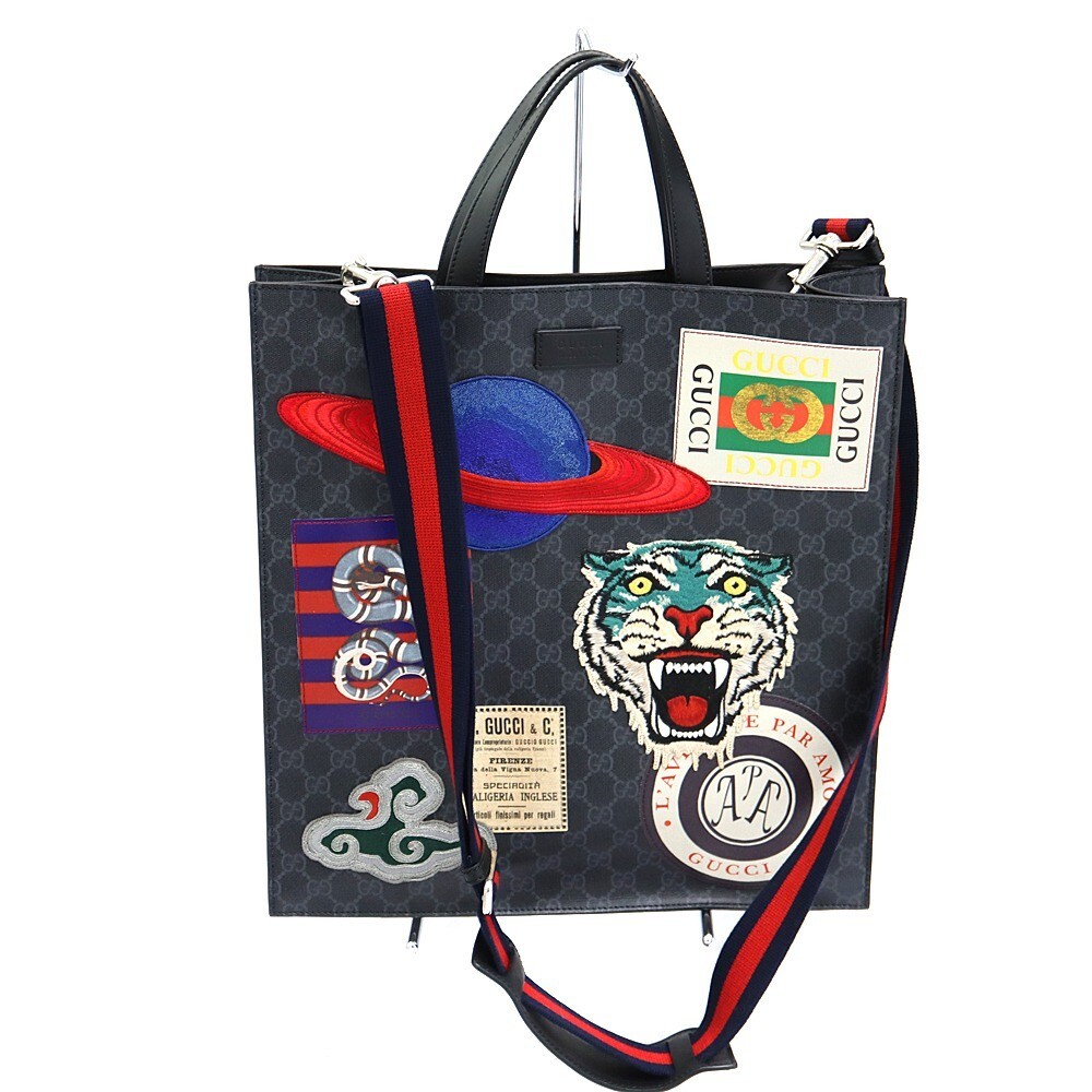 GUCCI GG Supreme PVC Canvas Black Multicolor 2-Way Tote Bag 495559 Authentic