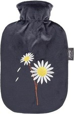 Fashy 67459 21 Wärmflasche mit Flauschbezug und Stickerei Blumen 2,0L, schwarz