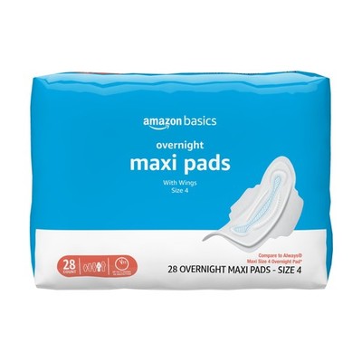 Amazon Basics Thick Maxi Pads with Wings for Periods, Overnight Size 4,
