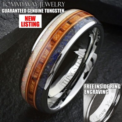 Custom Engraved Tungsten Carbide Lapis Rosewood Opal w/ Guitar String Band Ring