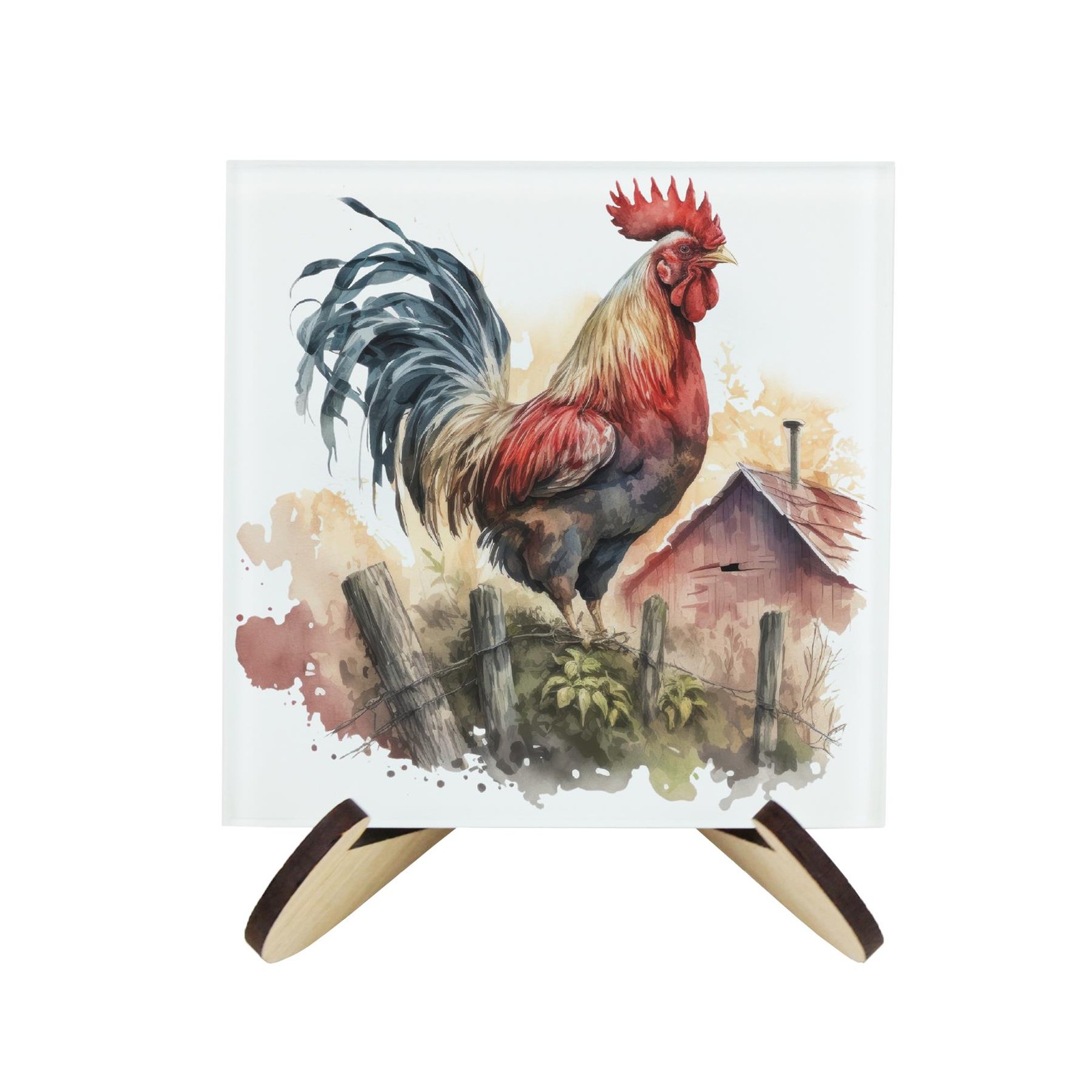 Rooster Glass Coaster Set - Countryside Farm Birds Gifts - Set of Four & Stand