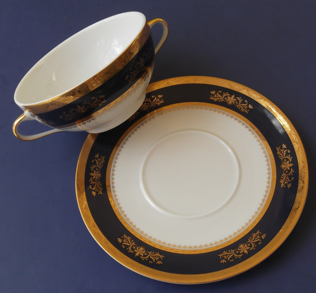 P. Deshoulieres Limoges Orsay Cobalt Blue Handled Cream Soup Cup/Bowl & Saucer