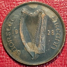 HIGH GRADE DETAILS 1928 IRELAND PENNY COIN HEN & CHICKS-NOV303