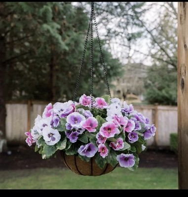 Faux Pansy Hanging Basket Lifelike Planter UV Resistant Indoor Outdoor 