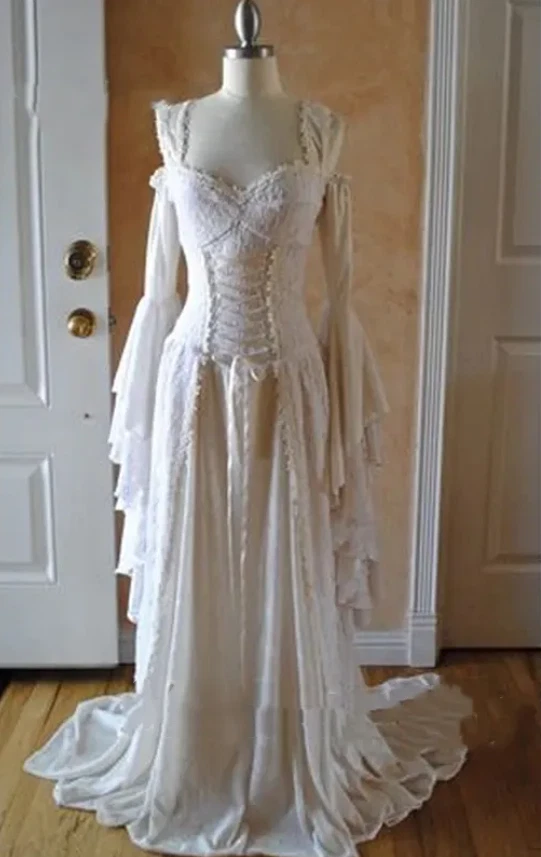 Medieval Lace A Line Wedding Dresses Straps Off Shoulder Flare Long Sleeves - Image 2 of 4