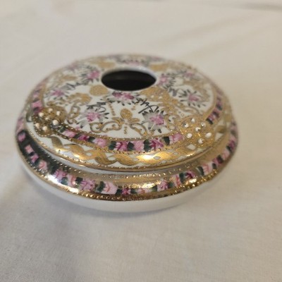 Vtg Nippon Moriage Hand Painted Porcelain Vanity Jar Gold Accent Trinket W/Lid
