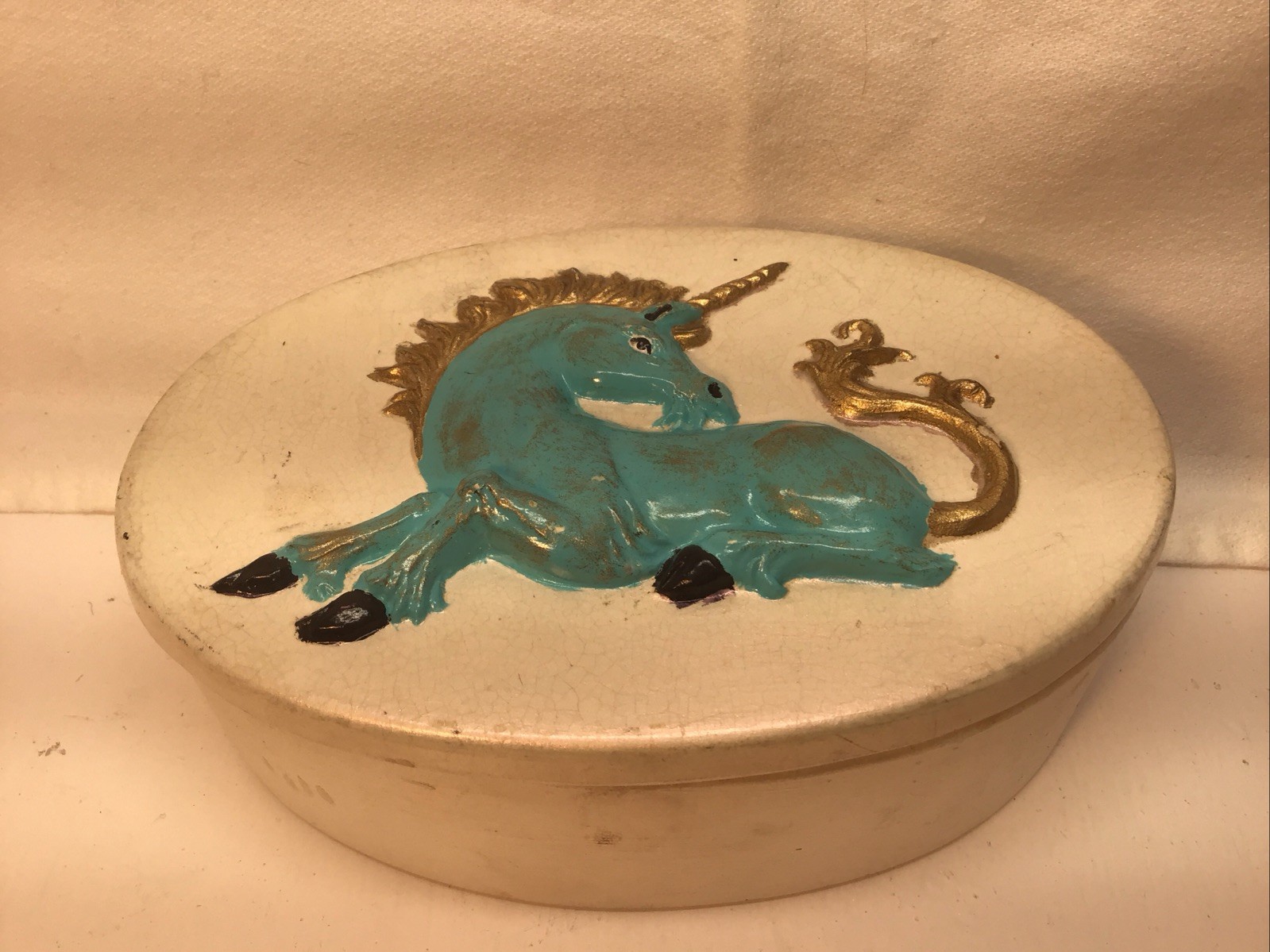 Unicorn Iridescent Handpainted Trinket Box with Lid Vintage 1980s