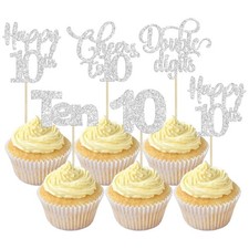30 Pack Happy 10th Birthday Cupcake Toppers Glitter Double Digits Cheers to 1...