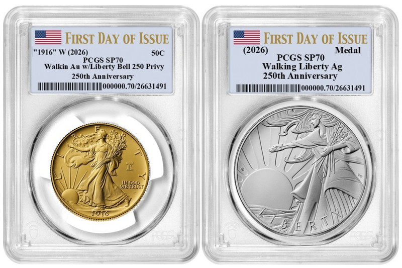 Pre -2026 W Walking Liberty Gold Coin &Silver Medal Set PCGS SP70 FDI W/OGP #255