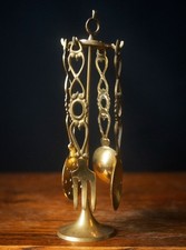 VINTAGE BRASS KITCHEN UTENSILS SET SPOONS FORKS ON STAND HEART DESIGNS