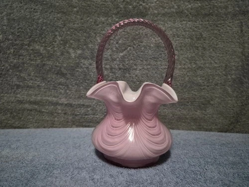 Fenton Dusty Rose Pink Cased Blown Glass Overlay Feather Pattern Basket 8"