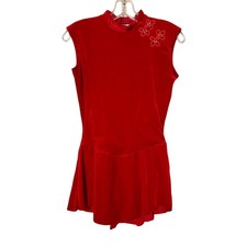 Vintage 90s Capezio Red Sleeveless Rhinestone Floral Velvet Dance Dress