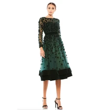 Mac Duggal 67007 Embellished Illusion High Neck Velvet Floral Dress 4 Emerald