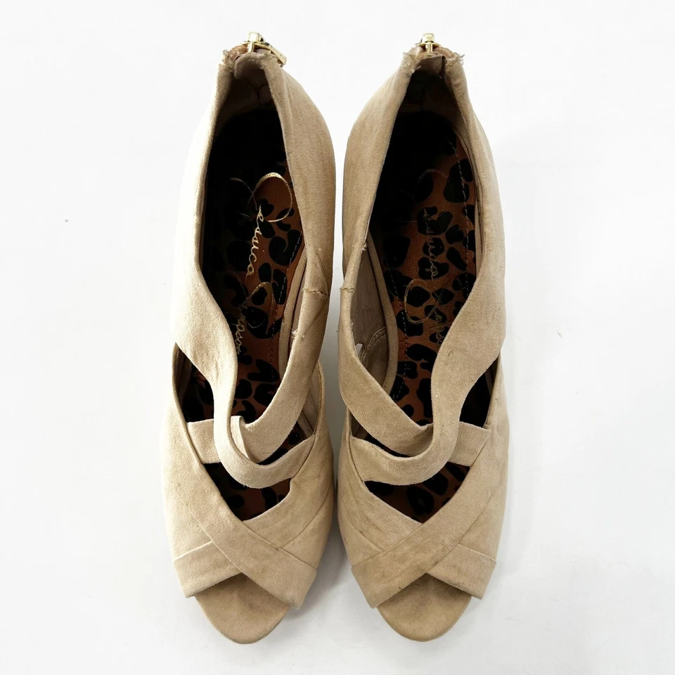 Jessica Simpson Cuñas Tacones Plataformas Peep Toe Criss Cross Bronceado Zapatos Talla 7B Foto 4 de 4