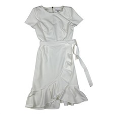 Calvin Klein Ruffle Wrap Dress Ivory Women's Size 2 Short Sleeve Belted