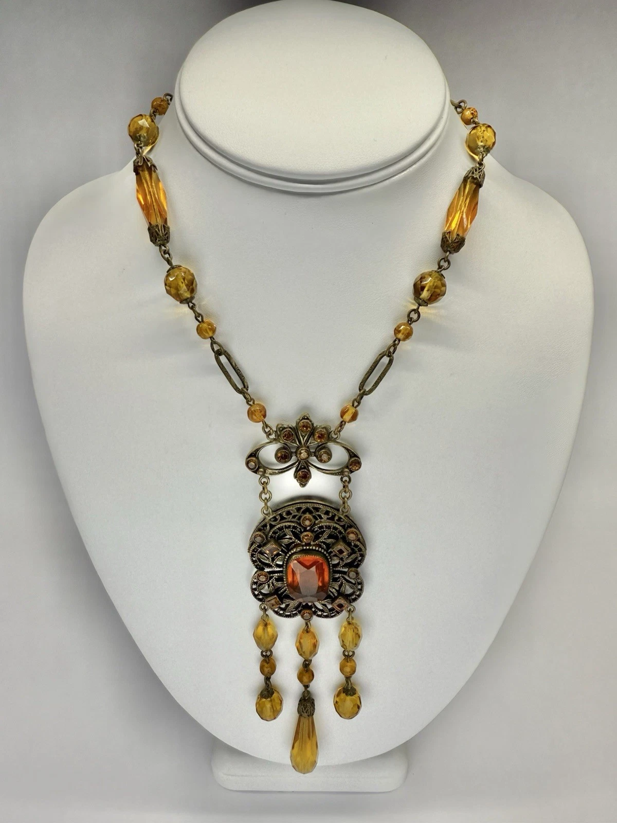 Art Deco Czech Amber Glass & Brass Beaded Pendant Vintage Necklace Jewelry N183
