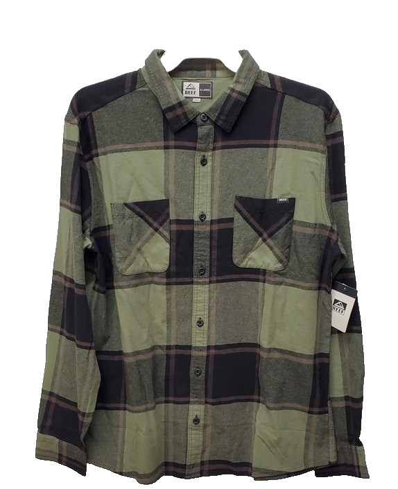 Reef Button Up Flannel Mens Large Long Sleeve Plaid Olive Hunter Green SIze M 7490₽