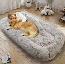 Human Dog Bed Large Gray Faux Fur Covered Sofa Bed for Large Dogs